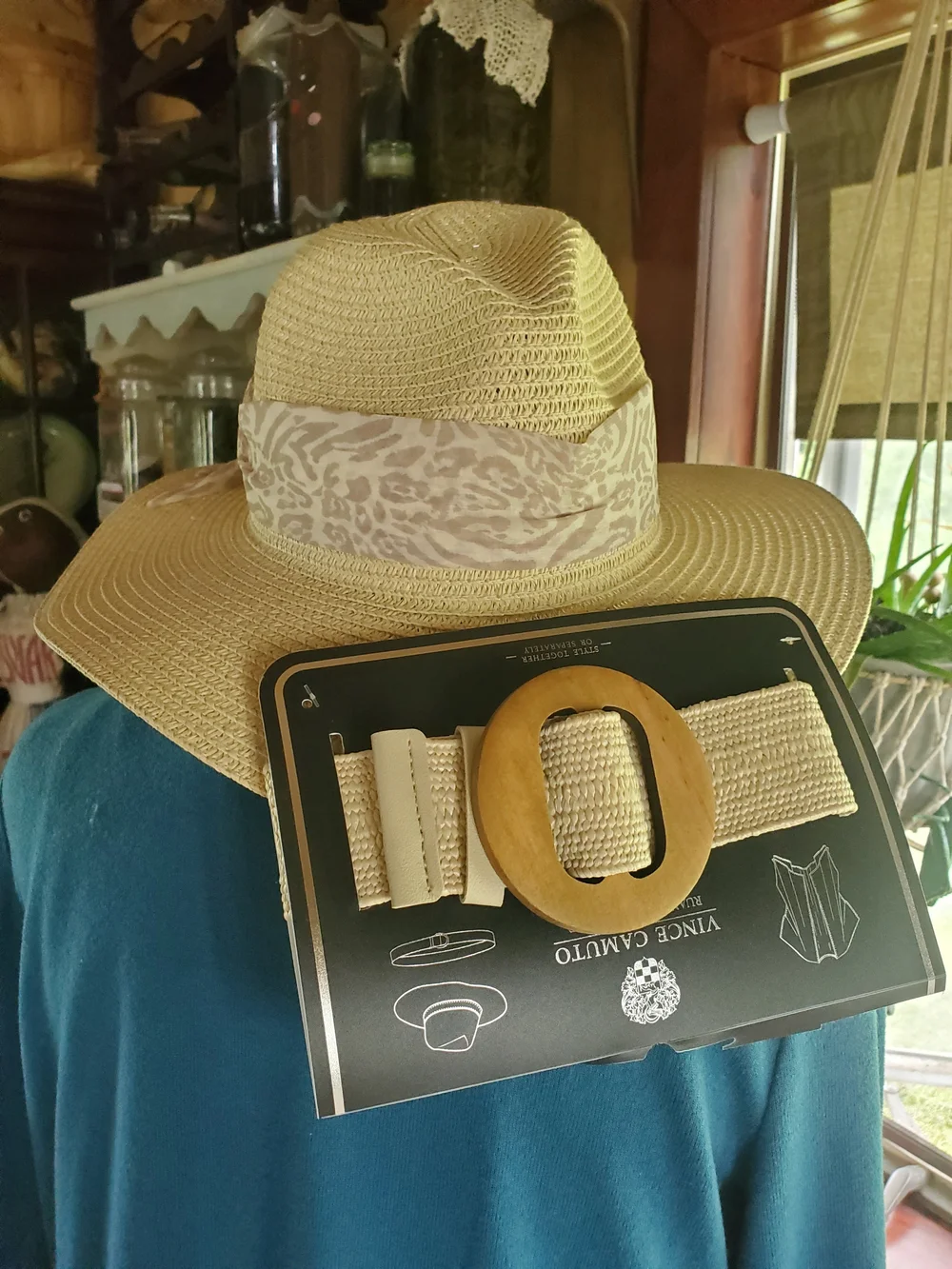 Vince Camuto Beige Straw Fedora with Leopard Print Band